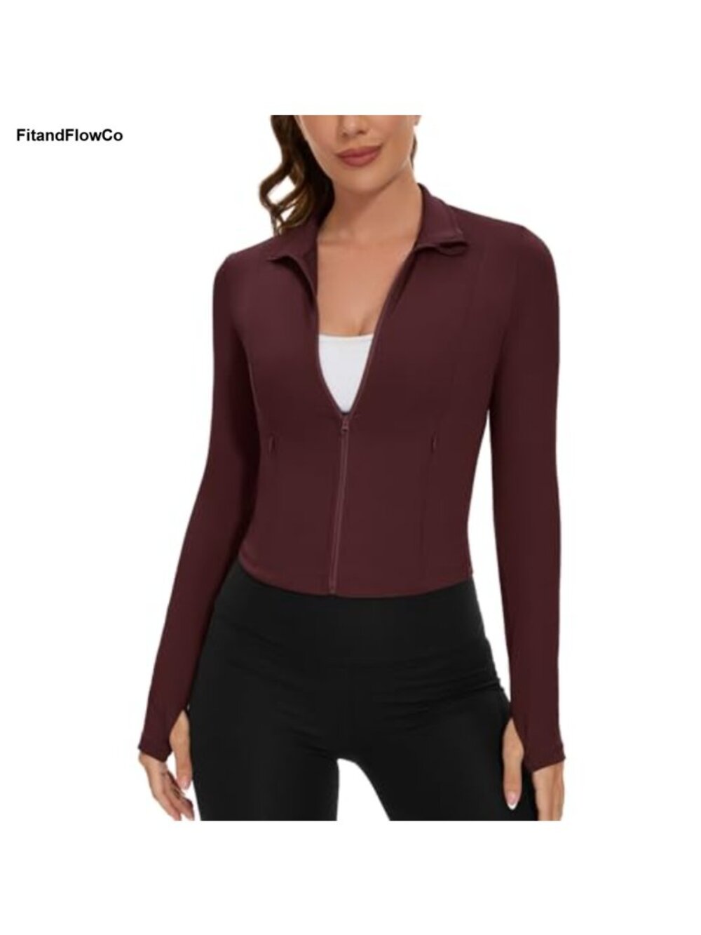 Women's Slim Fit Full Zip Cropped Gym Jacket Thumbholes Athletic Workout